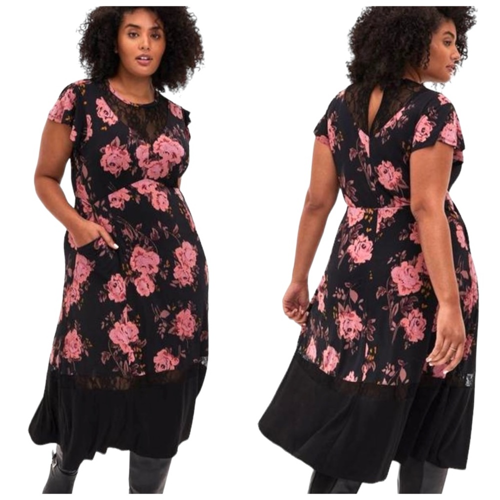 torrid Black Floral Lace Detail Midi Dress with Pink Roses